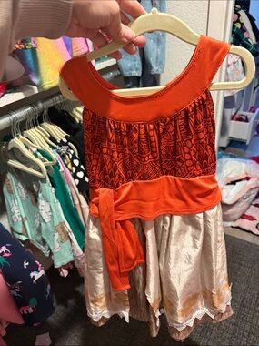 Moana Girls Orange Patterned Tank Top Dress with Cream Skirt and Sash